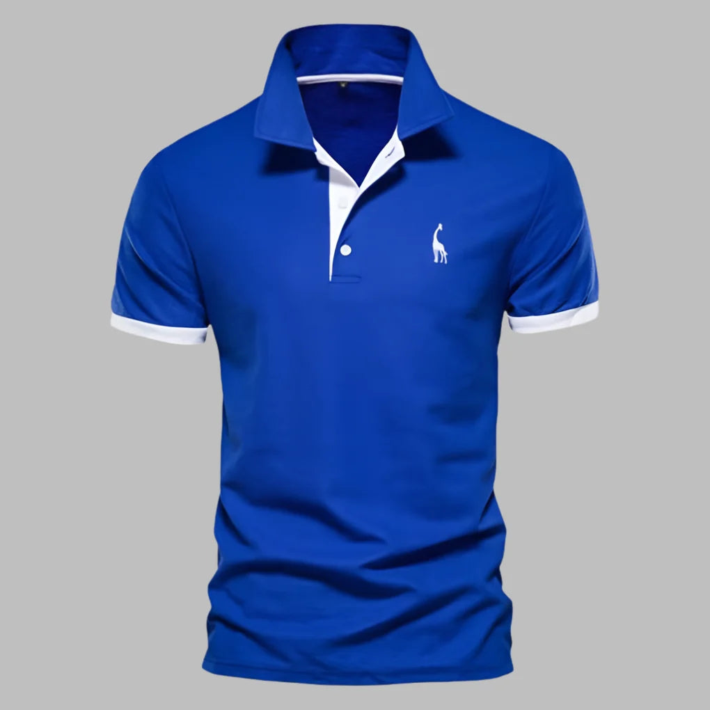 Man wearing a short-sleeve men's polo shirt, showcasing a relaxed yet smart casual everyday look.