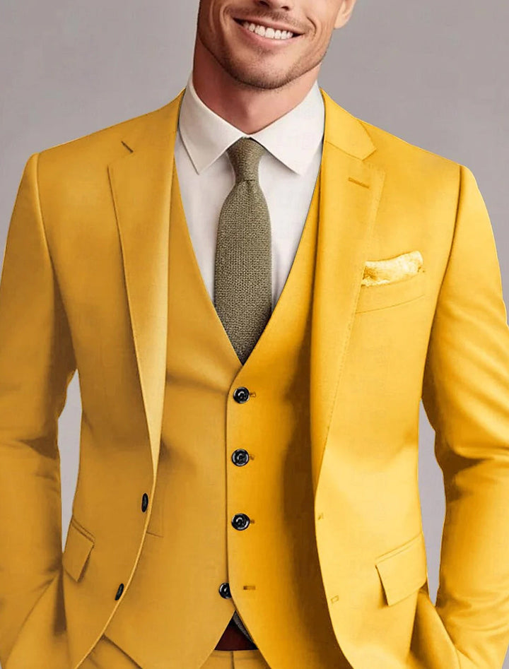 Deconstructed classic men's three-piece suit: tailored jacket, vest, trousers for versatile formal wear.