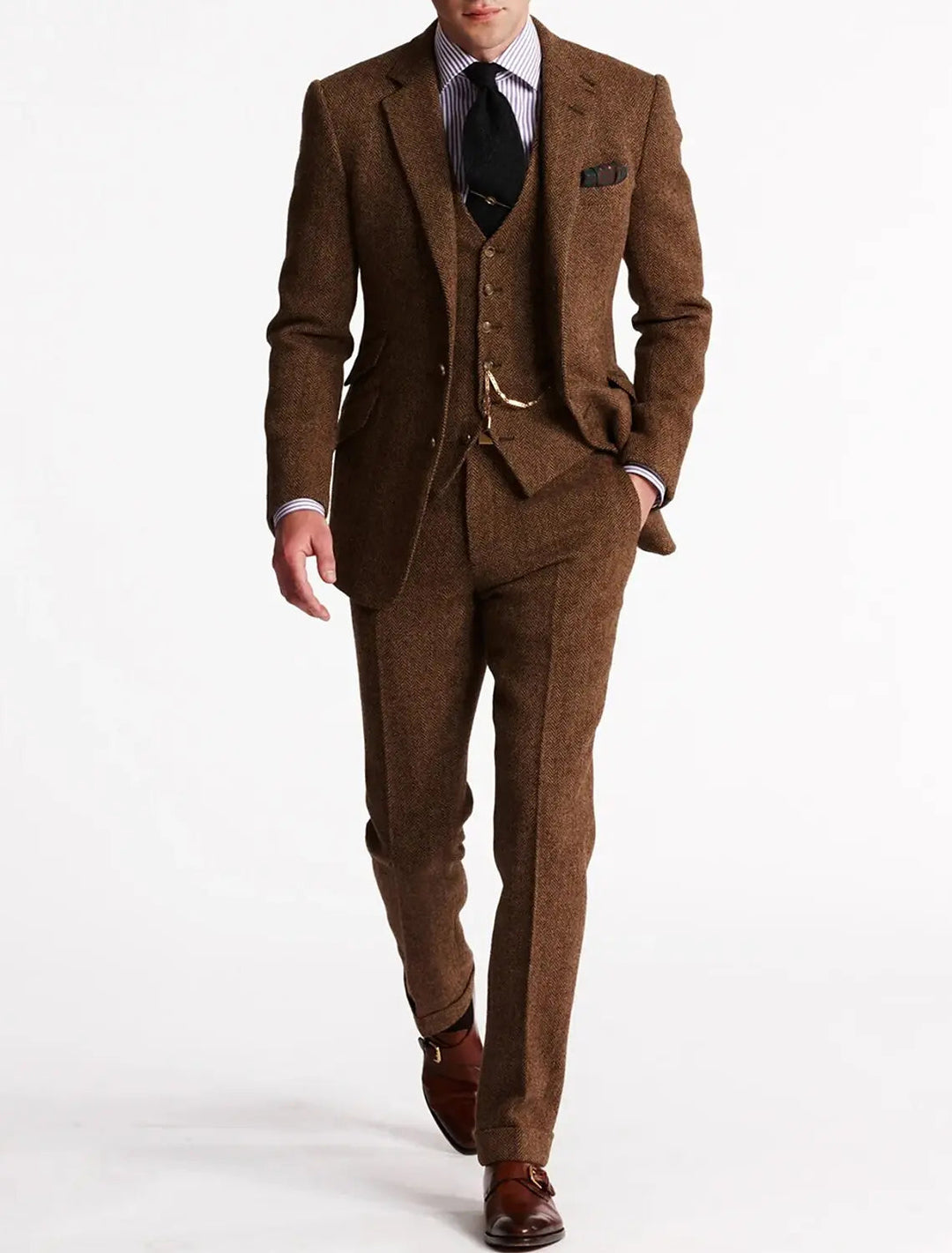 Men's classic tailored three-piece suit in dark grey, perfect for weddings, business, and formal events.