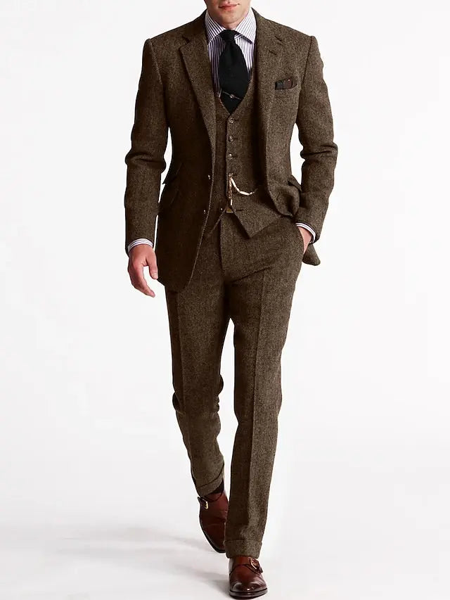 Stylish men's classic three-piece suit set with tailored jacket, waistcoat, and trousers, designed for formal occasions.