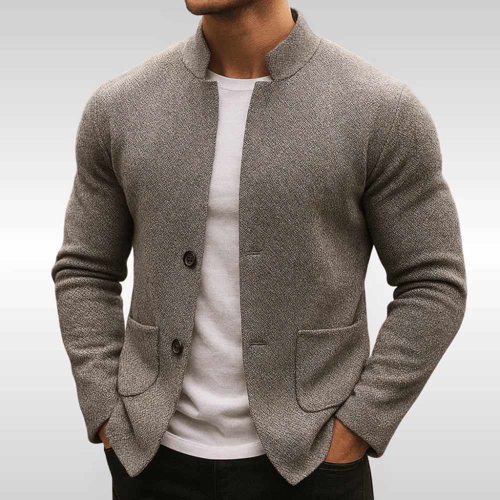Men's classic textured knit cardigan with button front, patch pockets & mandarin collar. Perfect for smart casual layering.