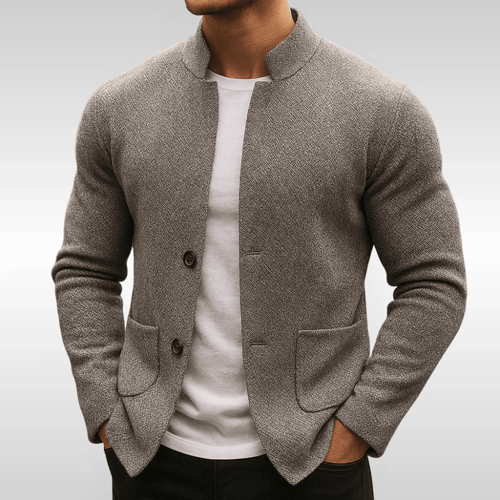 Men's classic textured knit cardigan with button front, patch pockets & mandarin collar. Perfect for smart casual layering.