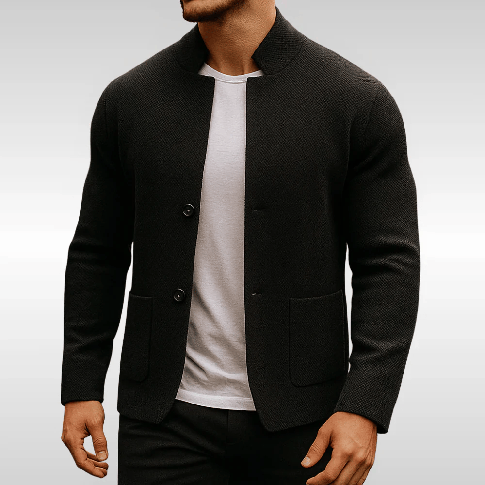 Smart casual men's textured knit cardigan, ideal for layering. Features button front, patch pockets & classic mandarin collar.