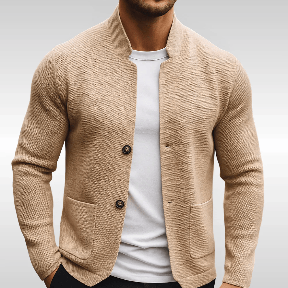 Men's textured button-front cardigan outerwear with convenient patch pockets & stylish mandarin collar. Classic menswear.
