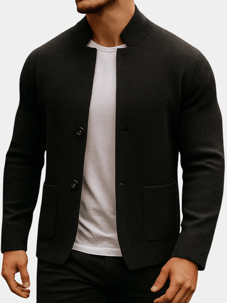 Classic men's textured knit cardigan featuring a button-front closure, practical pockets & a refined mandarin collar.