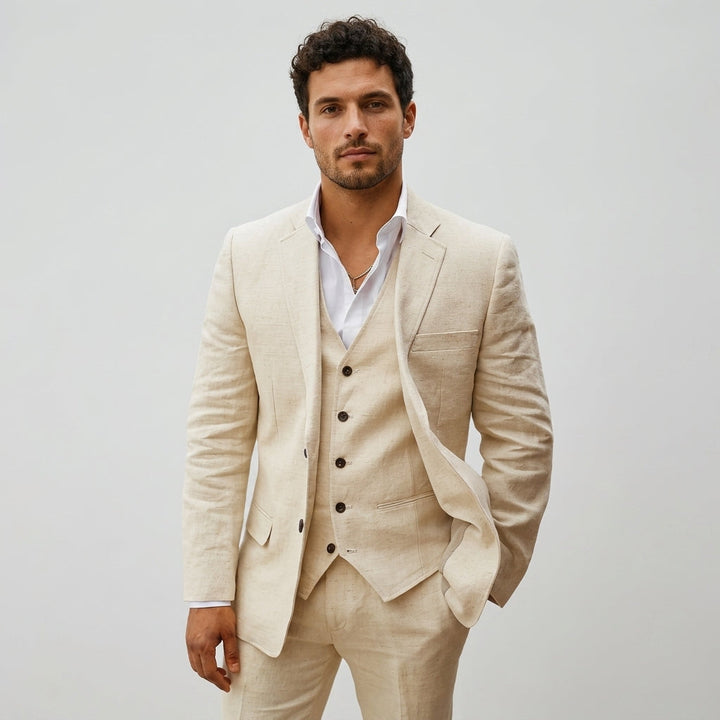 Men's classic three-piece formal suit with tailored blazer, vest & trousers. Ideal for special occasions.
