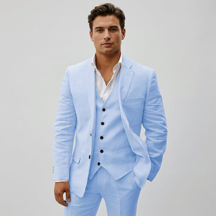 Elegant men's three-piece wedding suit. Perfect formal wear for groomsmen, special occasions & parties.