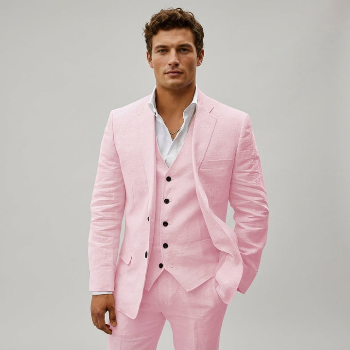 Professional men's tailored three-piece business suit. Classic formal attire for corporate events & meetings.