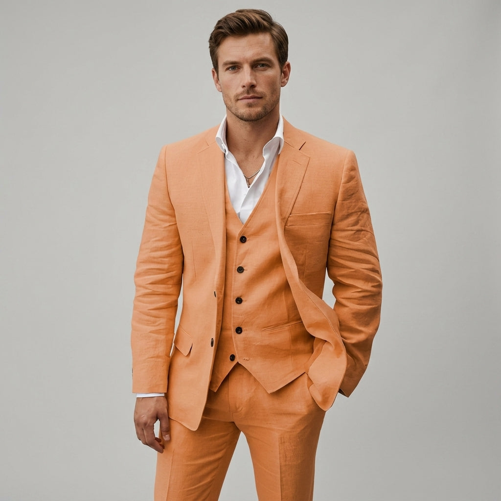 Classic men's three-piece suit: a sophisticated blazer, vest, and trousers for any formal event.