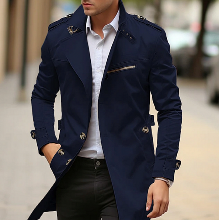 Elegant men's trench coat, designed for a timeless look and versatile wear as a spring jacket.