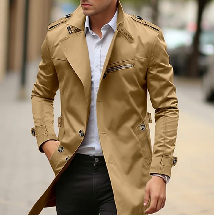 Men's fashion trench coat, a classic and sophisticated spring jacket for any elegant outfit.