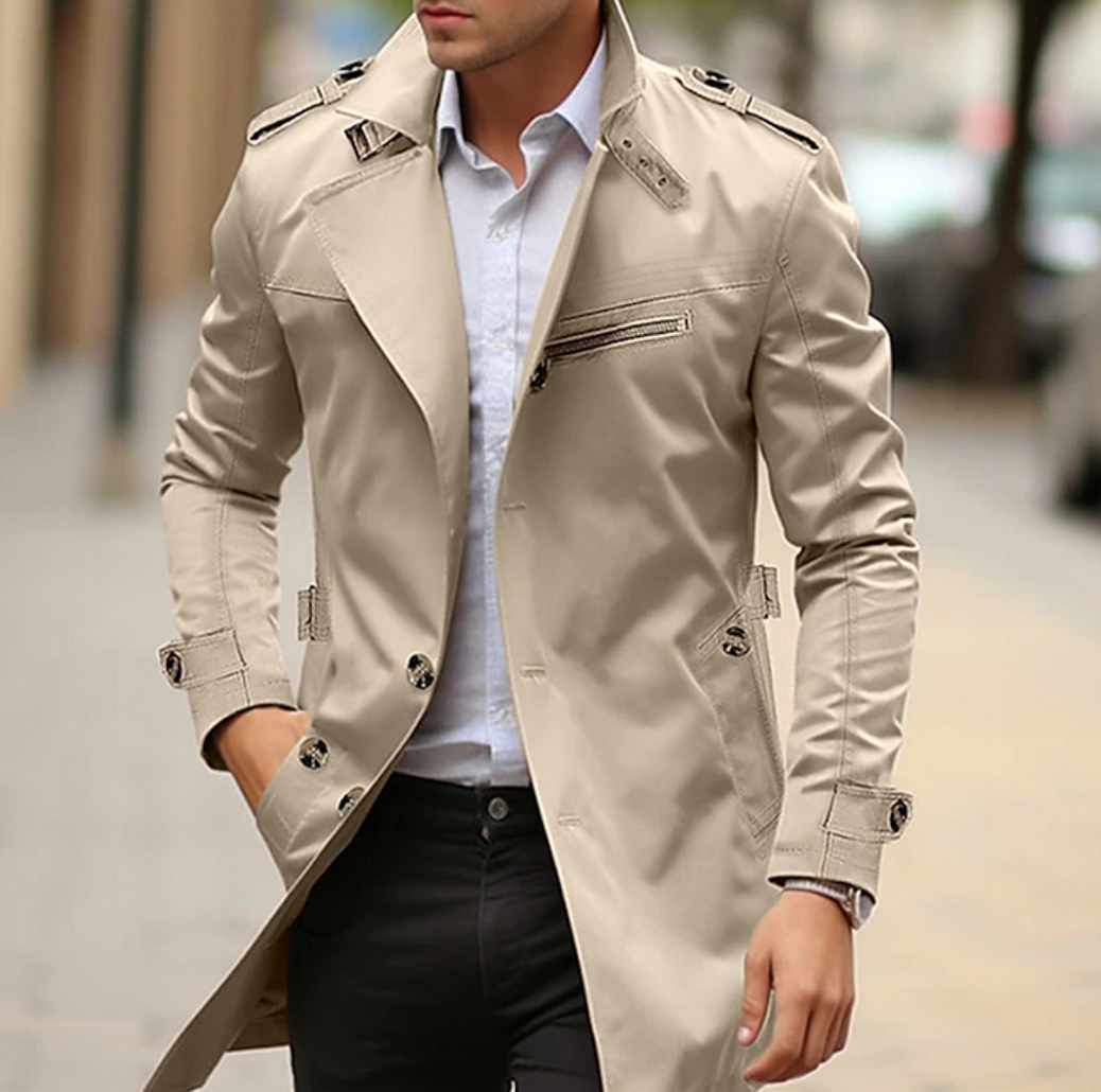 Full shot of a man wearing an elegant trench coat, ideal as a spring jacket and timeless outerwear.