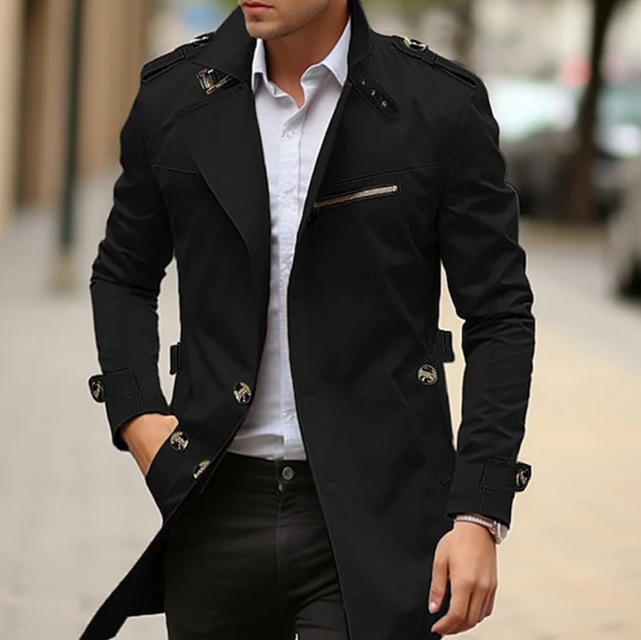 Refined men's trench coat, perfect for business casual and transitional wear in spring.