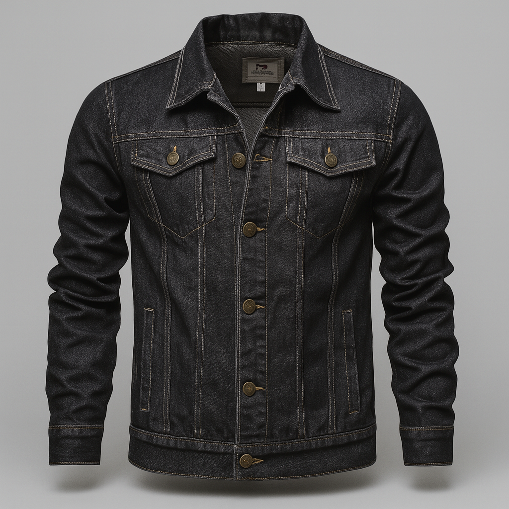Men's classic trucker jacket in rugged style, perfect for spring & autumn casual layering outerwear.