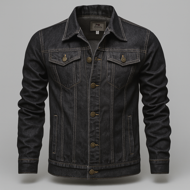 Men's classic trucker jacket in rugged style, perfect for spring & autumn casual layering outerwear.