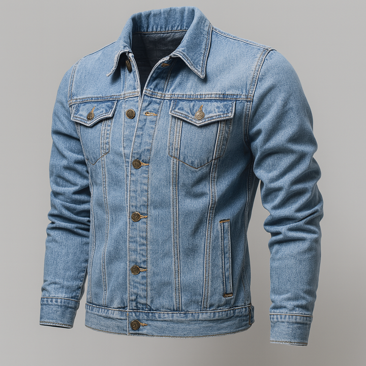 Rugged men's utility trucker jacket with button front closure, a versatile piece for casual spring & autumn fashion.