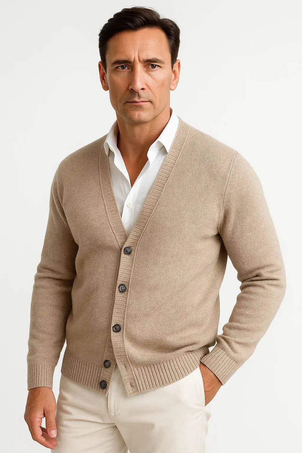 Men's classic V-neck cardigan sweater for layering, featuring a timeless design suitable for elegant casual wear.
