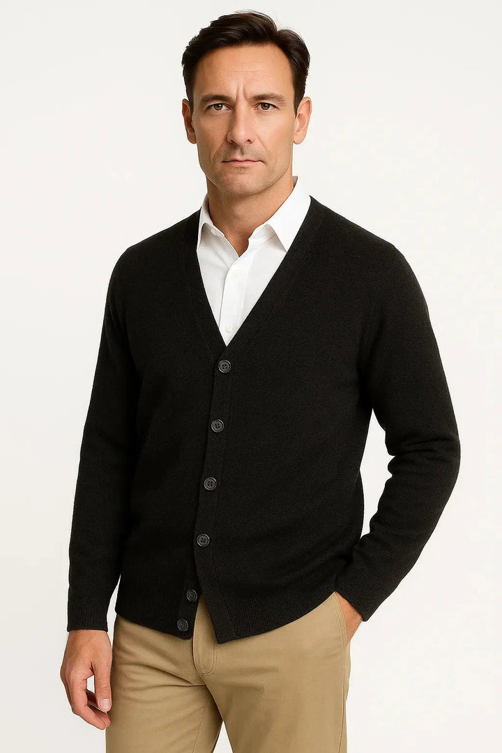 Elegant men's classic V-neck cardigan, perfect for sophisticated layering over shirts, a fall & winter staple.