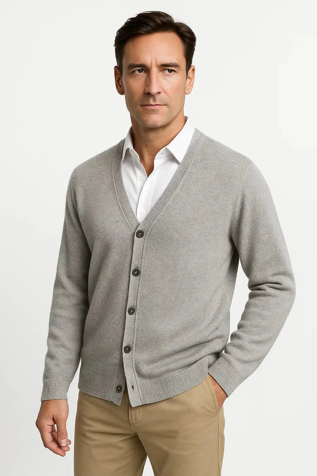 Men's soft V-neck cardigan sweater in a neutral tone, ideal for comfortable, year-round layering and smart casual.