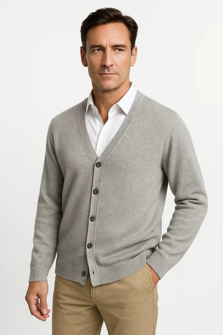 Men's soft V-neck cardigan sweater in a neutral tone, ideal for comfortable, year-round layering and smart casual.