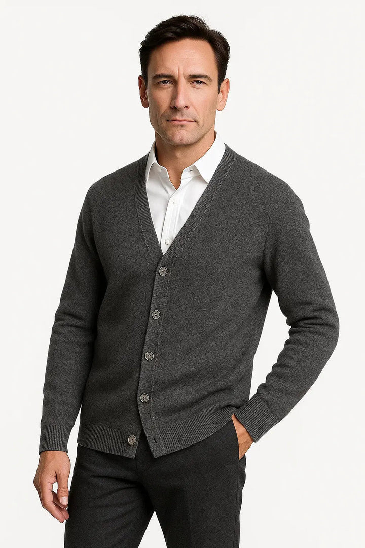 Durable men's V-neck cardigan, a classic style layering sweater for professional or casual autumn & winter looks.