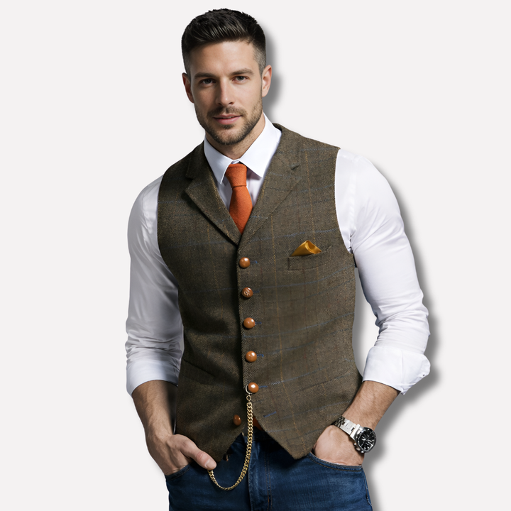 Men's classic V-neck formal vest with notched lapel, ideal for wedding attire, business wear & smart casual events.