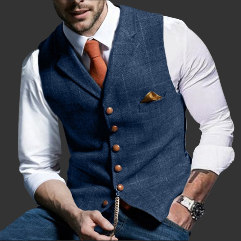 Tailored men's V-neck vest with notched lapel, an elegant choice for formal occasions, business, or smart casual layering.