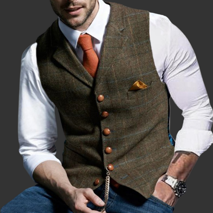 Sharp men's V-neck formal vest with notched lapel. Elevate your business, wedding, or smart casual outfit with this classic.