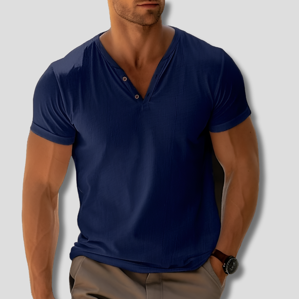 Men's v-neck shirt in a durable yet soft material, great for casual elegance and long-lasting wear.