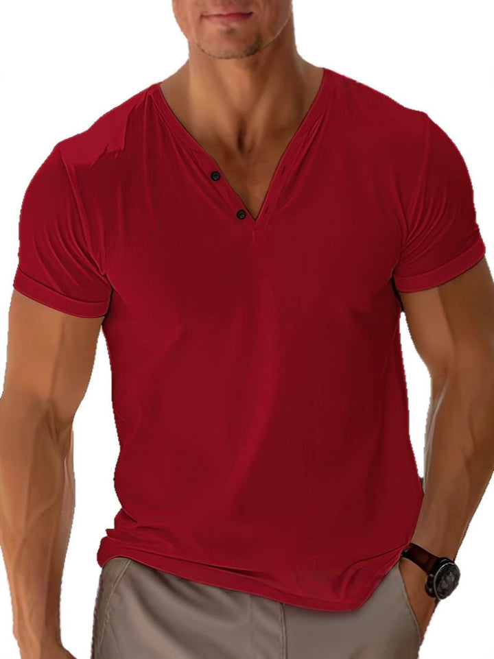 Stylish men's classic V-neck short sleeve t-shirt. Comfortable, versatile plain tee for summer fashion.