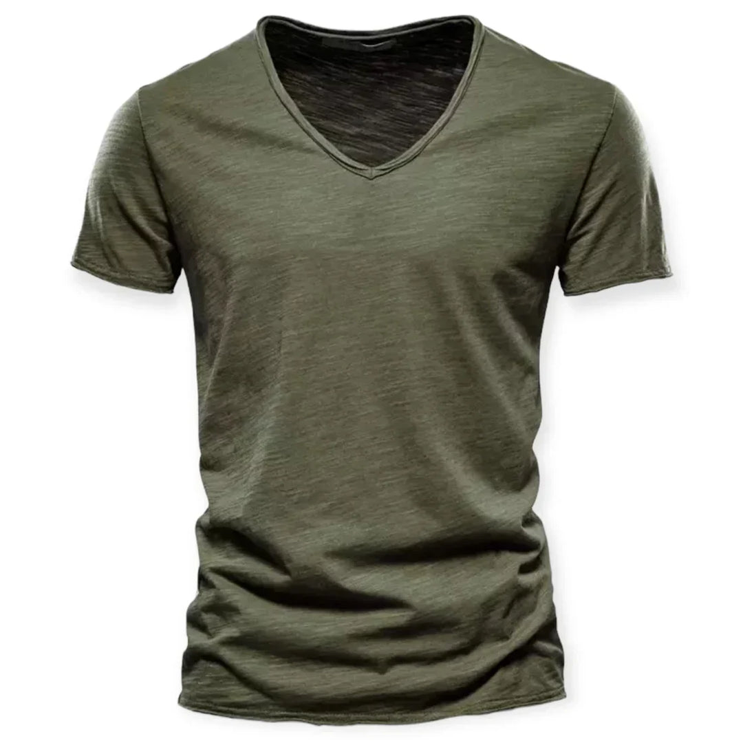 Everyday comfort in a new men's V-neck t-shirt. Soft, short sleeve top for versatile casual wear.