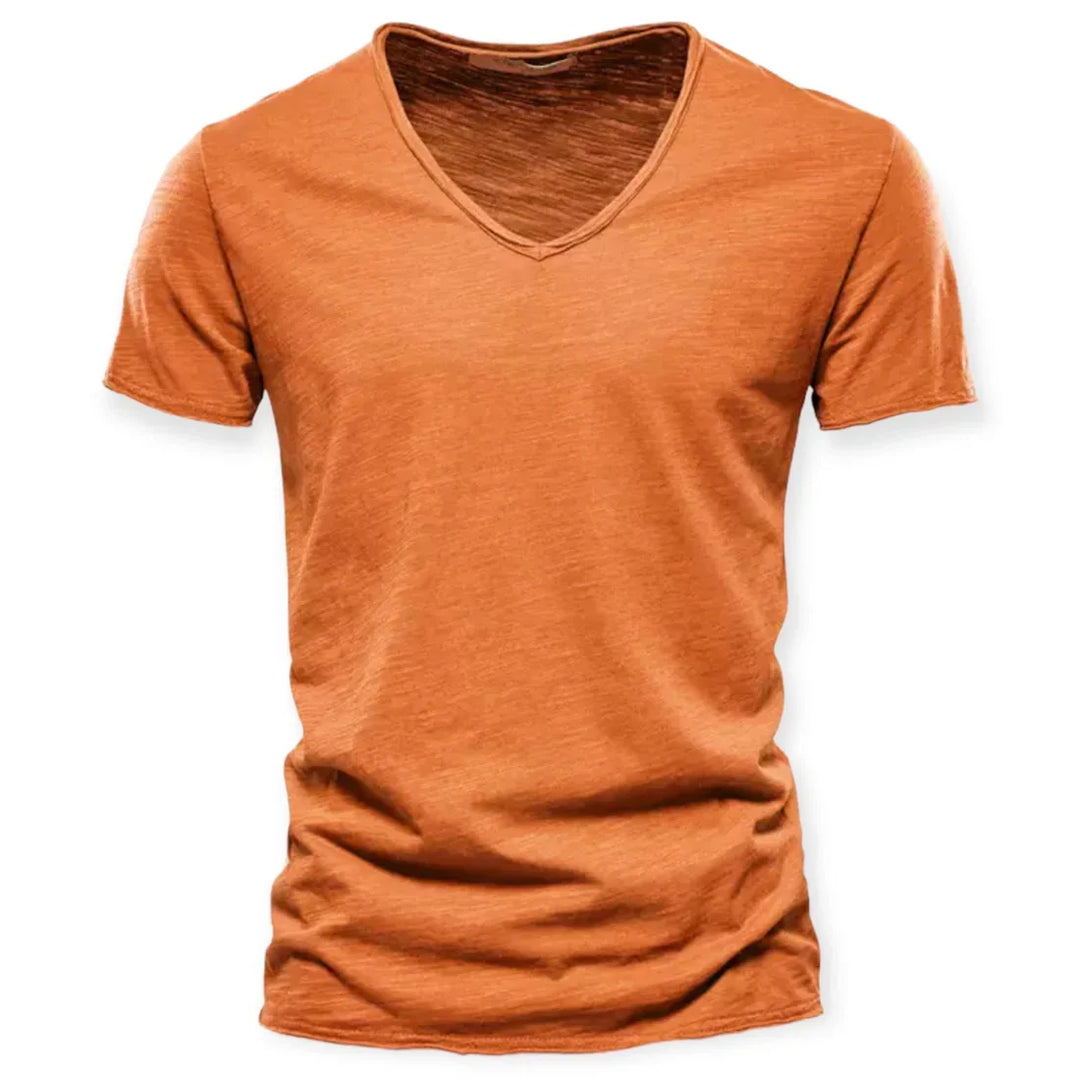 Man wearing a relaxed fit V-neck t-shirt, ideal for summer casual wear & everyday comfort. Stylish men's top.