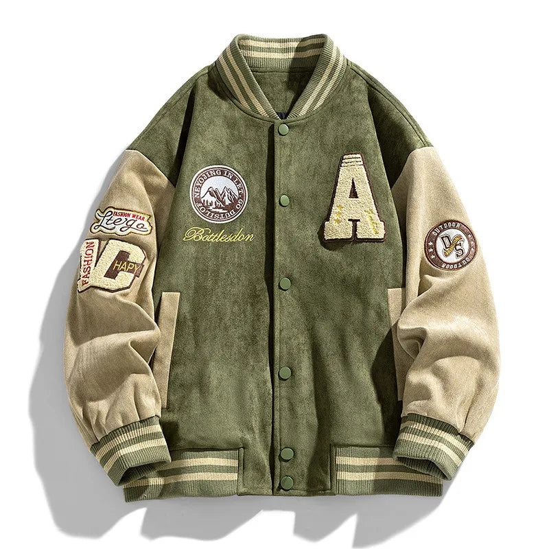Men's classic varsity bomber jacket, button-up design, perfect for athletic style, casual wear, and modern streetwear.