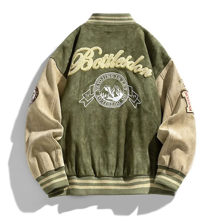 Stylish men's button-up varsity bomber jacket featuring patches, ideal winter outerwear for casual, streetwear fashion.