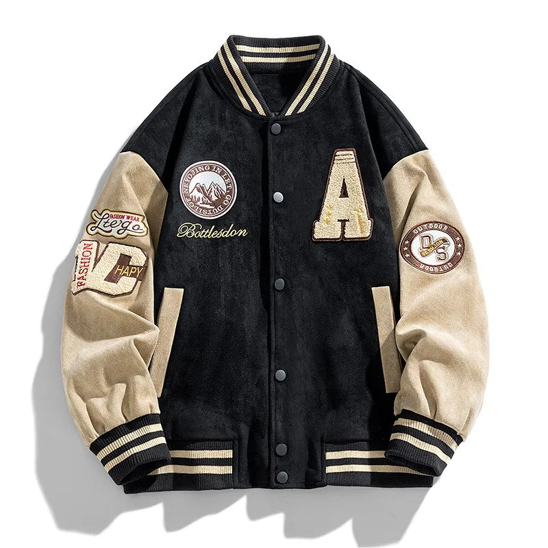 Classic men's button-up varsity bomber jacket, a stylish outerwear choice for athletic looks, winter, and streetwear fashion.