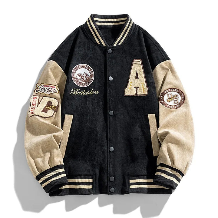 Classic men's button-up varsity bomber jacket, a stylish outerwear choice for athletic looks, winter, and streetwear fashion.