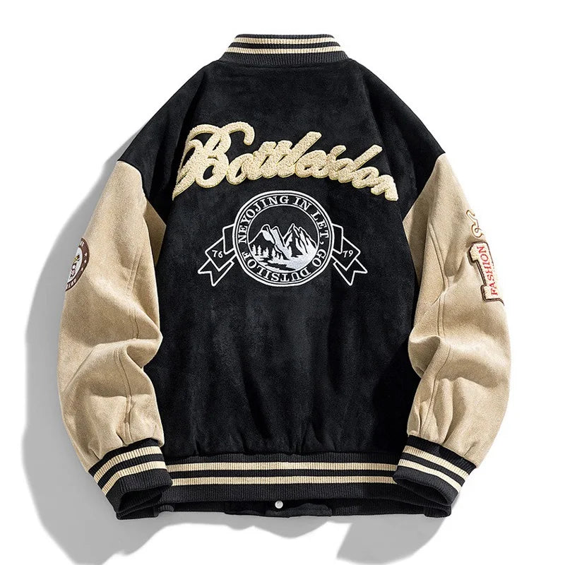 Men's embroidered varsity bomber jacket with button-up front, great for a stylish, casual, and athletic streetwear look.