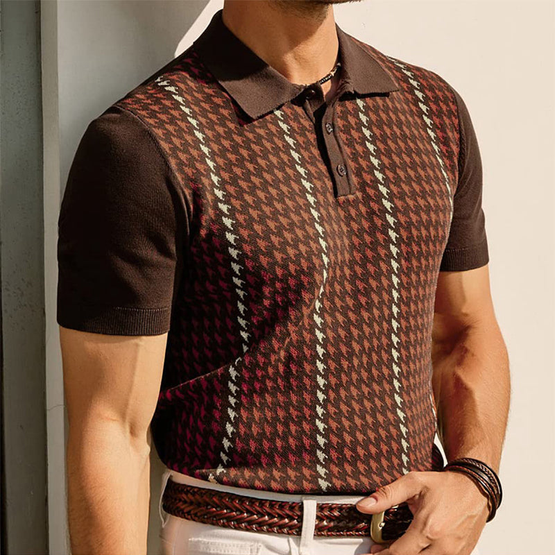 Men's classic vintage houndstooth polo shirt, short sleeve, for timeless smart casual style.