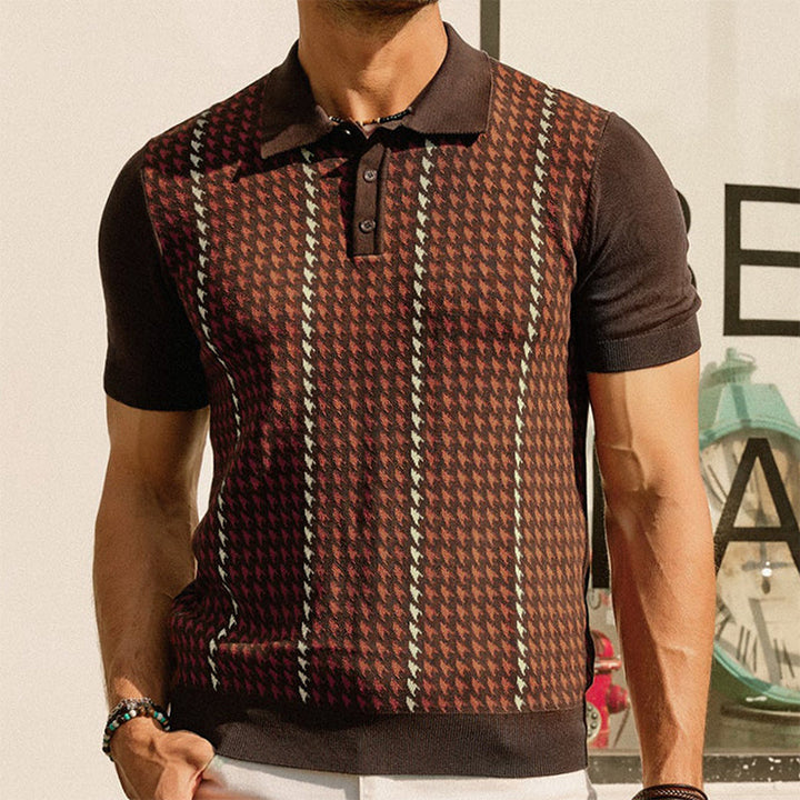 Sophisticated men's short sleeve polo with a vintage houndstooth pattern for a refined look.