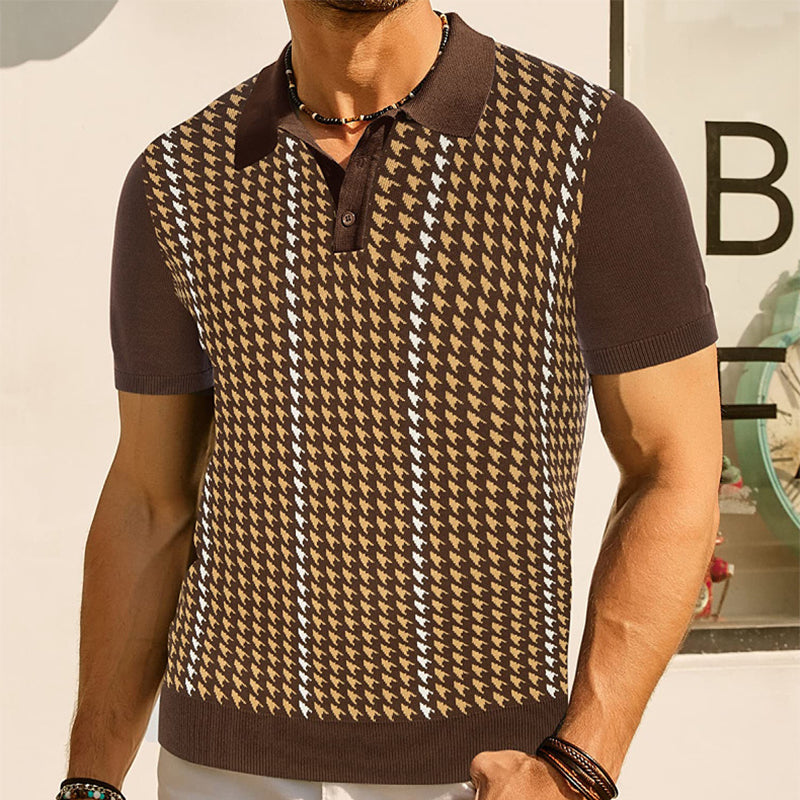 Classic men's houndstooth polo shirt, short sleeve, perfect for smart casual and timeless fashion.