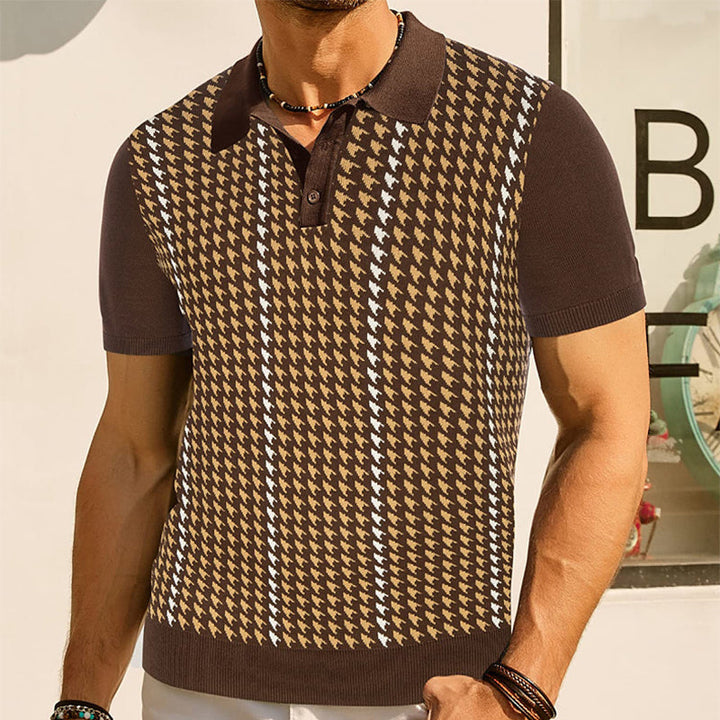 Classic men's houndstooth polo shirt, short sleeve, perfect for smart casual and timeless fashion.