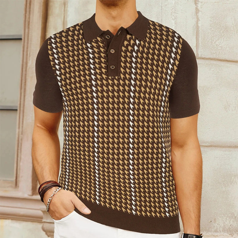 Refined men's vintage short sleeve polo shirt featuring a stylish houndstooth design.
