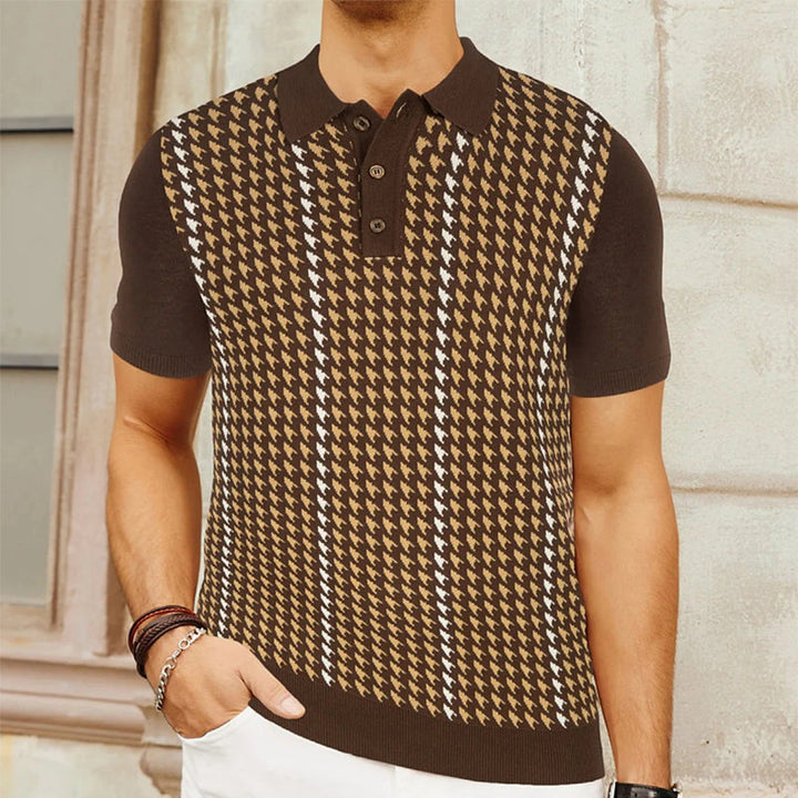 Refined men's vintage short sleeve polo shirt featuring a stylish houndstooth design.