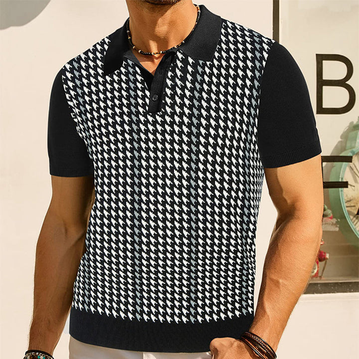 Men's timeless houndstooth polo shirt, short sleeve, ideal for classic and casual wear.