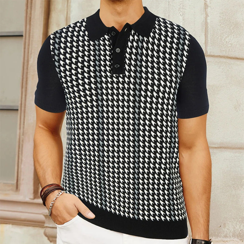 Smart casual men's short sleeve polo with a distinctive vintage houndstooth pattern.