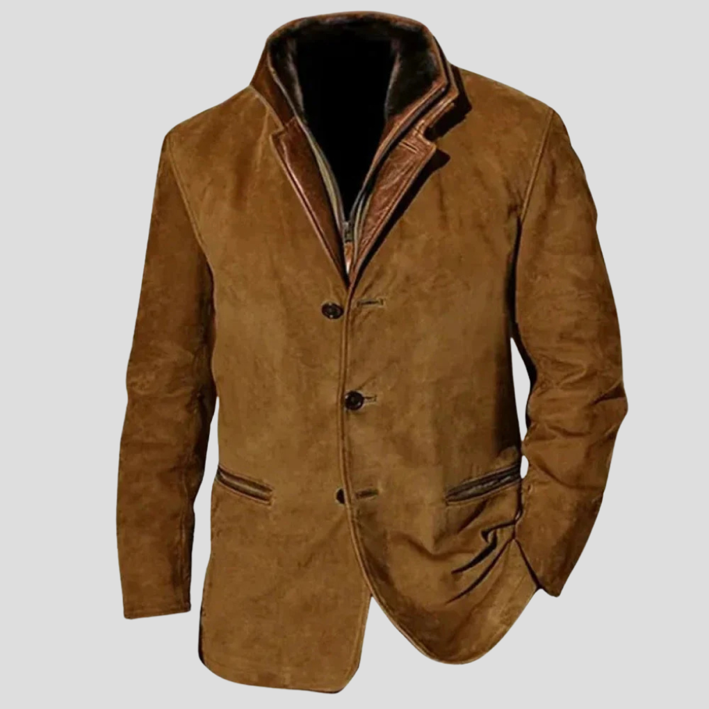 Close-up of men's vintage style jacket details, showcasing classic design. Durable everyday outerwear for all seasons.