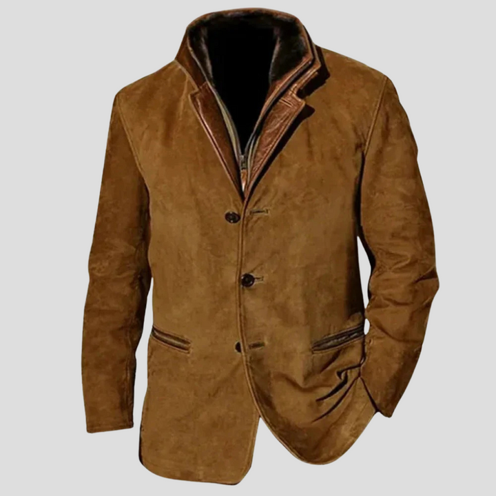 Close-up of men's vintage style jacket details, showcasing classic design. Durable everyday outerwear for all seasons.