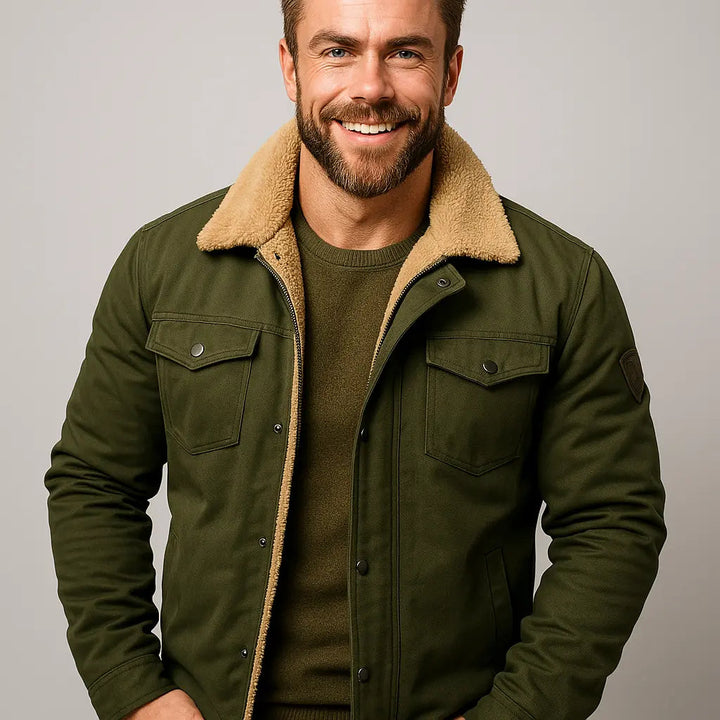 Stylish men's smart casual button-front winter jacket, ideal for layering.