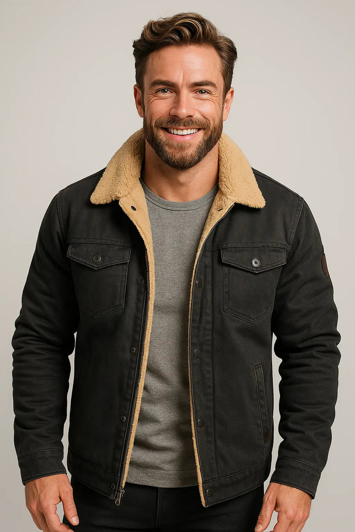 Cozy men's button-front jacket with a soft collar, a staple winter fashion piece.