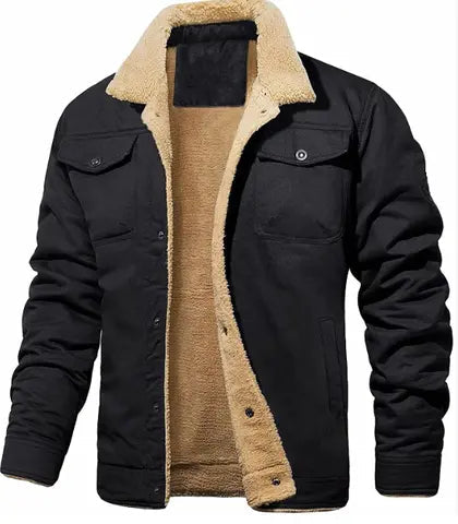 Men's button-front winter coat, a classic and warm jacket with a cozy collar.